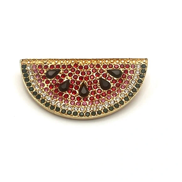Vintage Carlisle Signed Swarovski Rhinestone Red Pink Gold Watermelon Brooch - Picture 1 of 10
